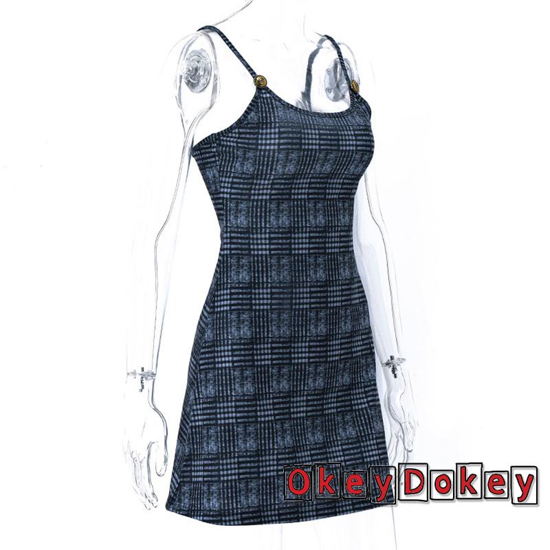 Đầm Hai Dây Hở Lưng Dáng Ôm In Họa Tiết Kẻ Ô Trang Trí Bằng Kim Loại Gợi Cảm Cho Bạn Gái