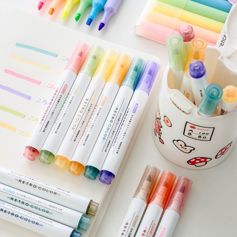 Bút dạ quang 6 màu highlight, bút đánh dấu nhớ dòng cute nhiều màu marker dễ thương