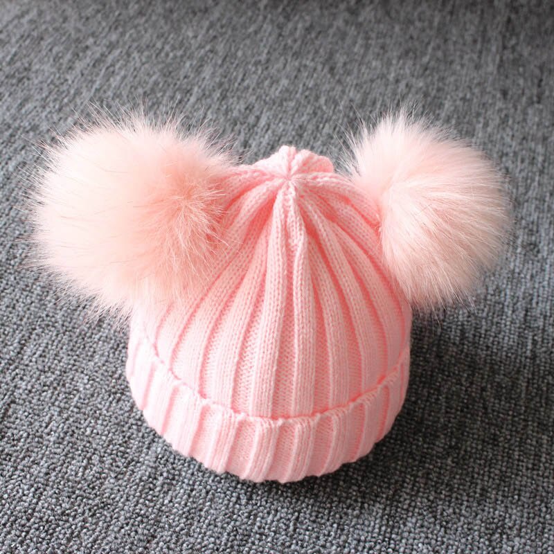 Mũ Beanie Đan Len Màu Trơn Đính Hai Quả Bông Dễ Thương Cho Bé Trai / Gái
