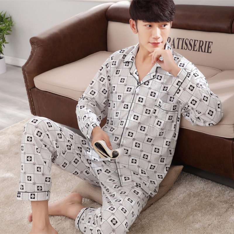 Bộ đồ ngủ cotton dệt kim tay dài phong cách mới dành cho nam trung niên