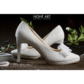 Giày cô dâu Nghé Art cao gót ren đính nơ 379