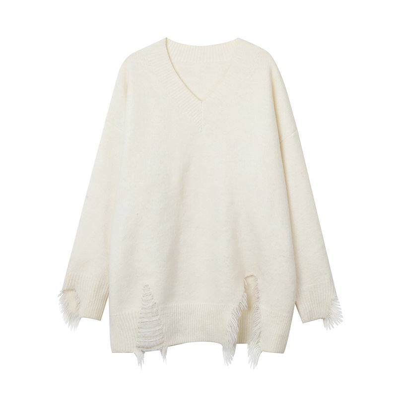 Jiashucheng Áo Sweater Trắng Cổ Chữ V Dáng Rộng Thiết Kế Rách Phong Cách Hàn Quốc Cho Nữ