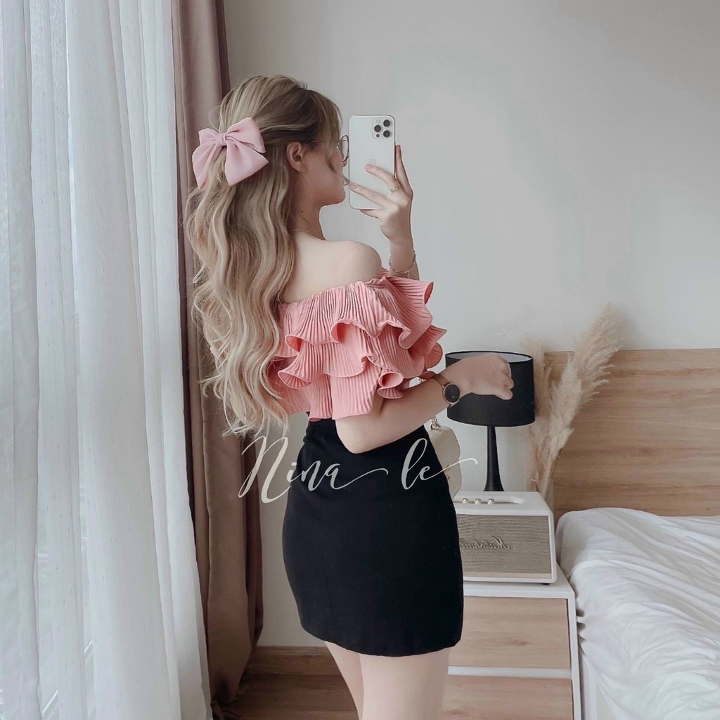 Sét Váy Nữ Thời Trang Mặc Đi Chơi, Sét Váy Áo Lụa Trễ Vai Bèo Mix Chân Váy Chữ A Chất For