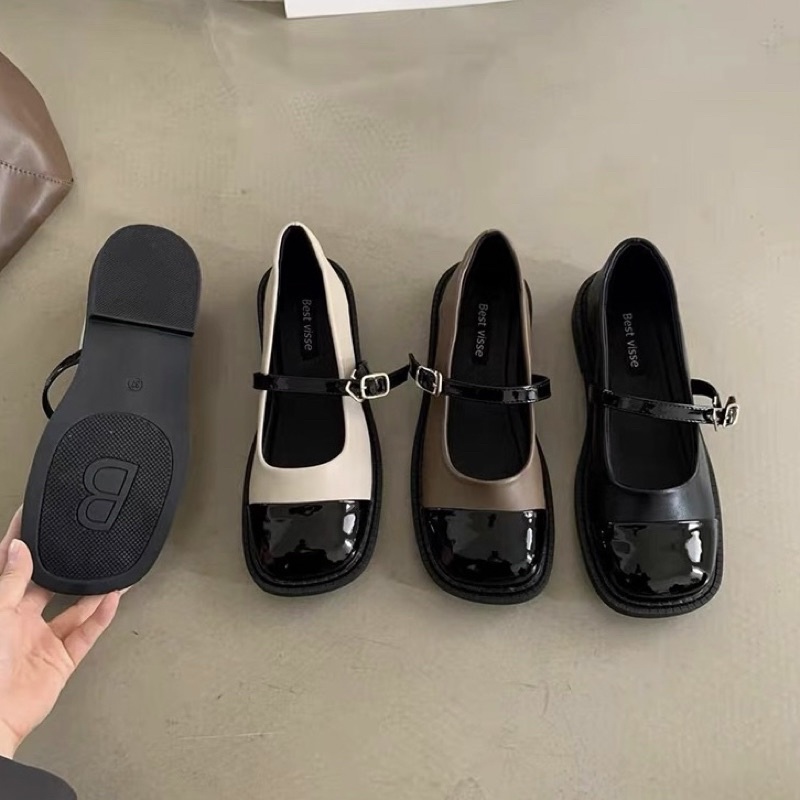 Giày búp bê hai màu quai ngang, giày bệt mũi vuông chất liệu da mềm thoải mái