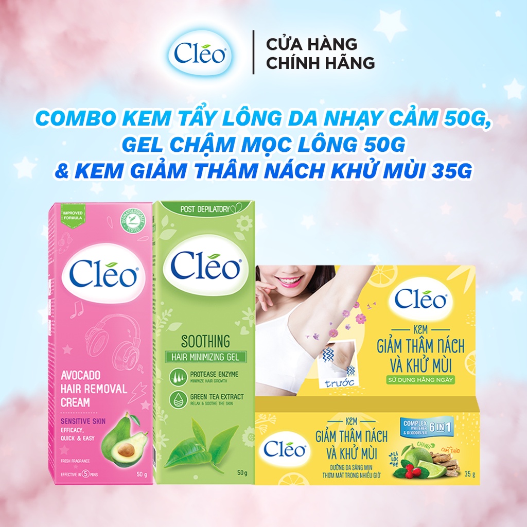 Bộ Tẩy lông nách chuyên sâu Cleo gồm kem tẩy lông nách da nhạy cảm 50g, gel dịu da 50g và kem giảm thâm nách khử mùi 35g