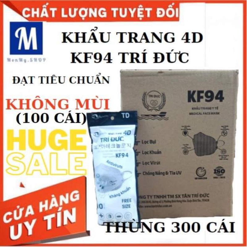 Thùng 100cái Khẩu trang KF94 - 4D TRÍ ĐỨC người lớn, khẩu trang kháng khuẩn chống bụi siêu mịn Cao Cấp