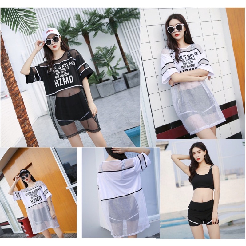Bikini đồ bơi thể thao áo lưới - set 3 món
