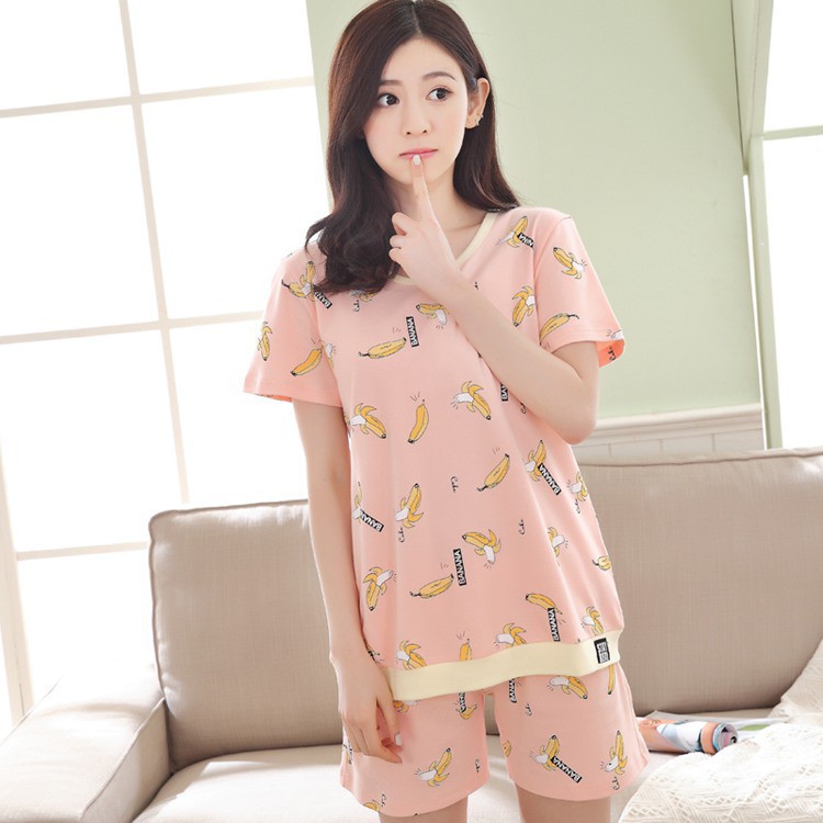 Bộ Đồ Ngủ Cotton Tay Ngắn In Hình Chuối Ngộ Nghĩnh Cho Nữ