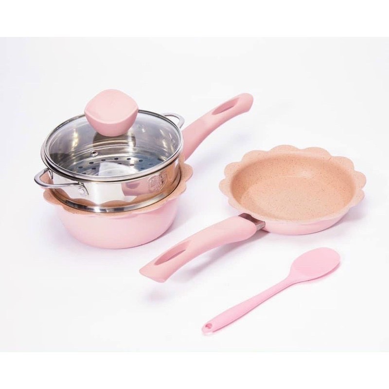 Bộ nồi chảo đá nấu ăn dặm cho bé men đá chống dính kèm chảo và xửng hấp inox cho bé