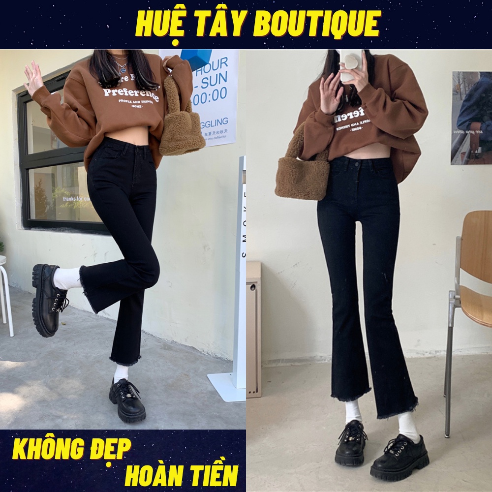 Quần jeans nữ, quần jeans nữ ống loe cạp cao co dãn nhẹ cao cấp màu đen size S M L SKUQ-11