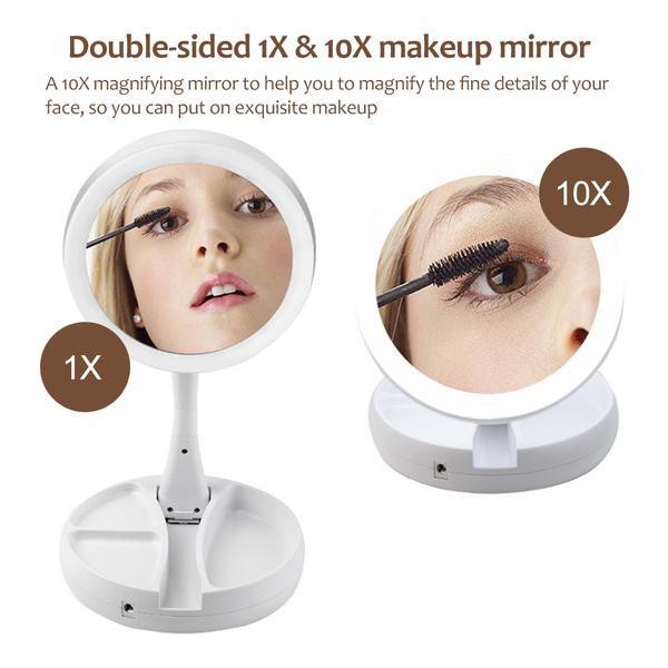 Gương trang điểm để bàn phấn có đèn led sạc kính tròn makeup phóng đại lật 2 mặt xoay 360 độ mini gấp gọn