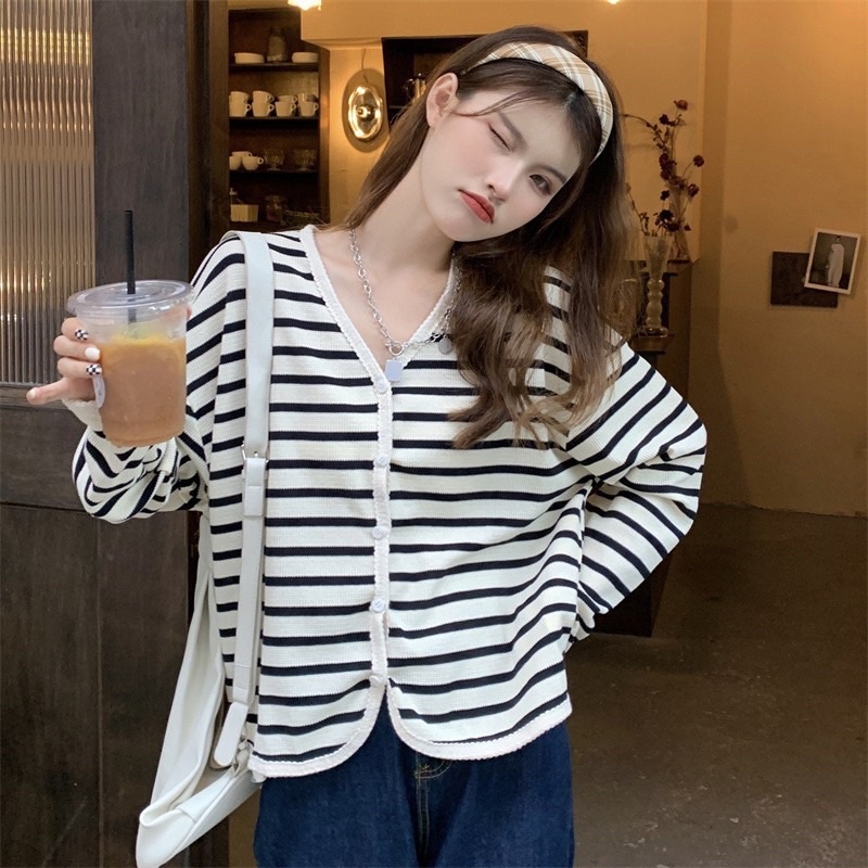 áo khoác cardigan cổ V viền ren dệt kim tay dài họa tiết kẻ sọc thời trang thanh lịch dành cho nữ hàng Quảng châu