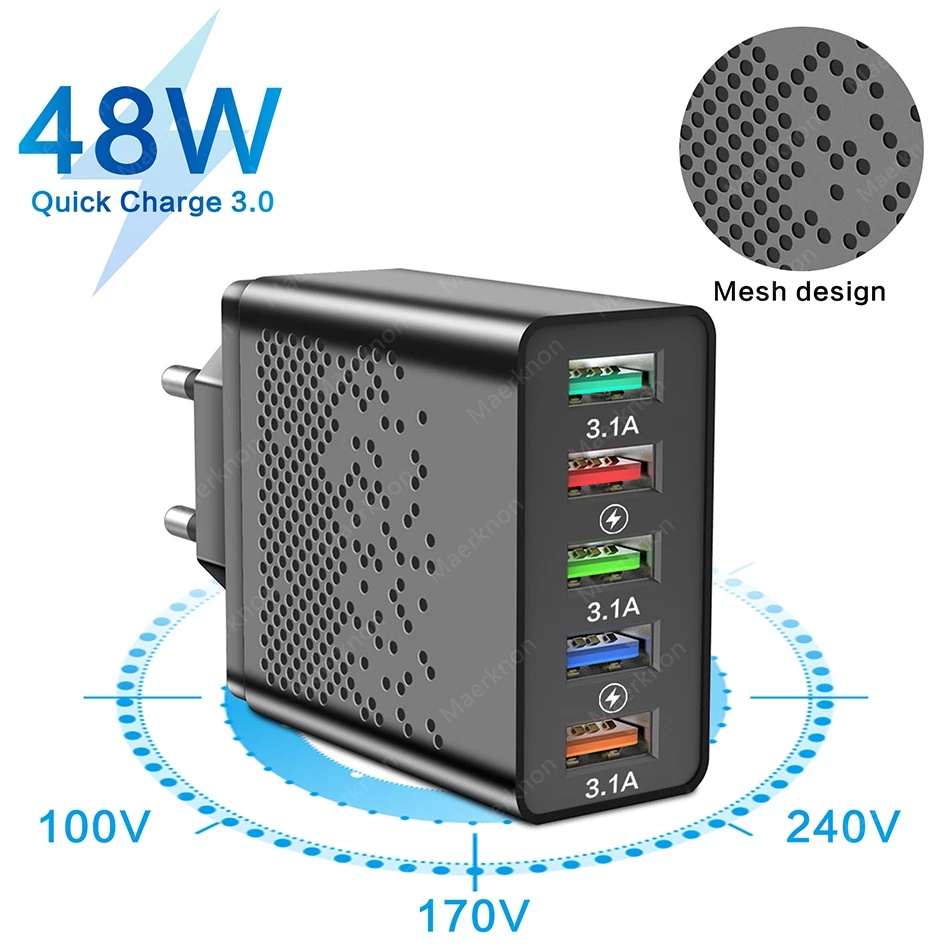 Củ Sạc Nhanh 60W 5 Cổng USB QC 3.0 Cho Samsung Xiaomi HuaWei