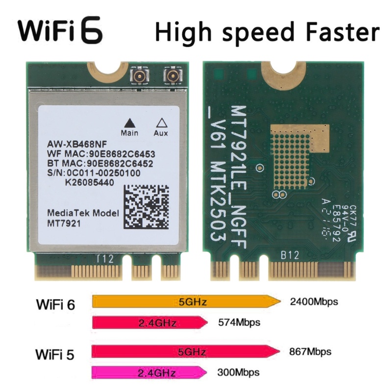 Thẻ WiFi 6 Ngăn MT7921K NGFF Cho M.2 2.4 / 5G 802.11ac BT 5.2 Ada