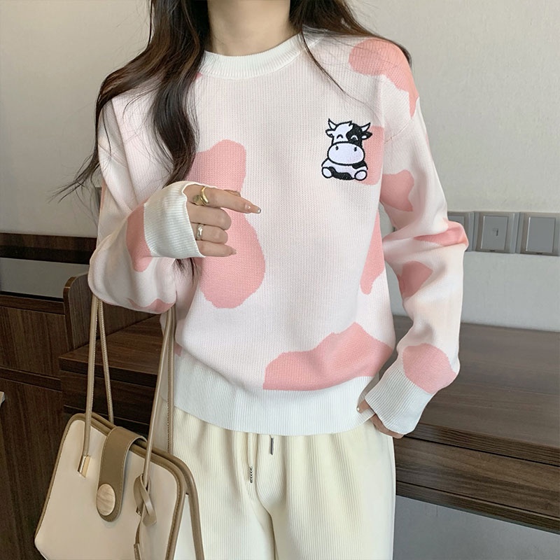 Áo len ZHELIHANGFEI tay dài dáng rộng họa tiết thêu dễ thương theo phong cách Preppy cho nữ