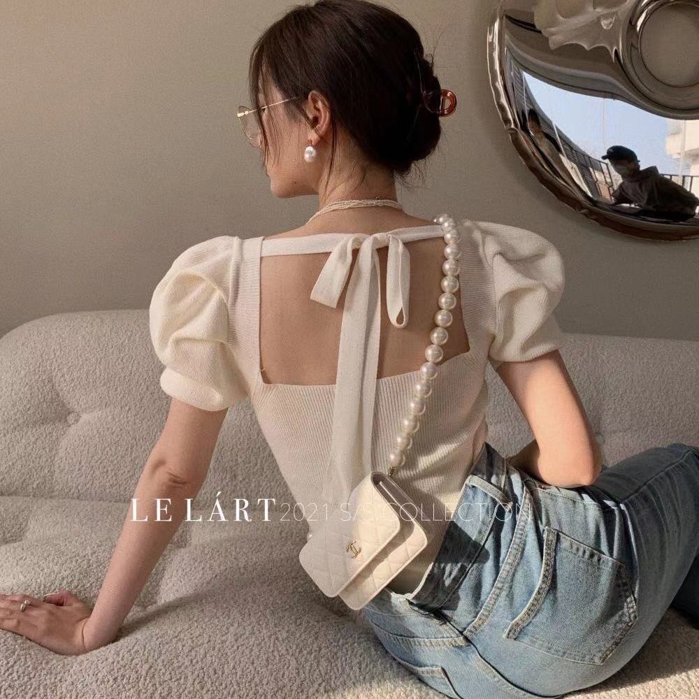 Áo Len Tay Ngắn Cổ Vuông Quyến Rũ Trẻ Trung Hợp Thời Trang