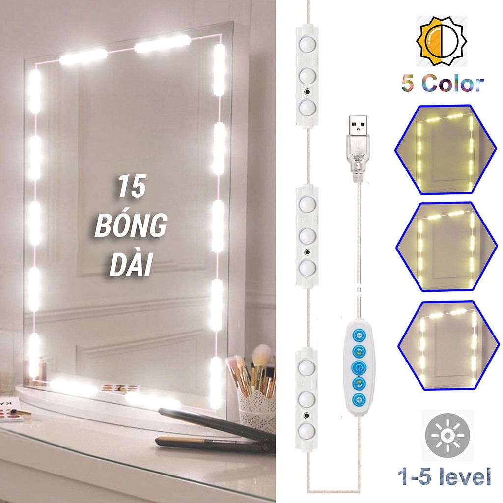 Dây Đèn LED Trí Gương Bàn Trang Điểm 15 Bóng Dài 5 Chế Độ Sáng, Chống Nước