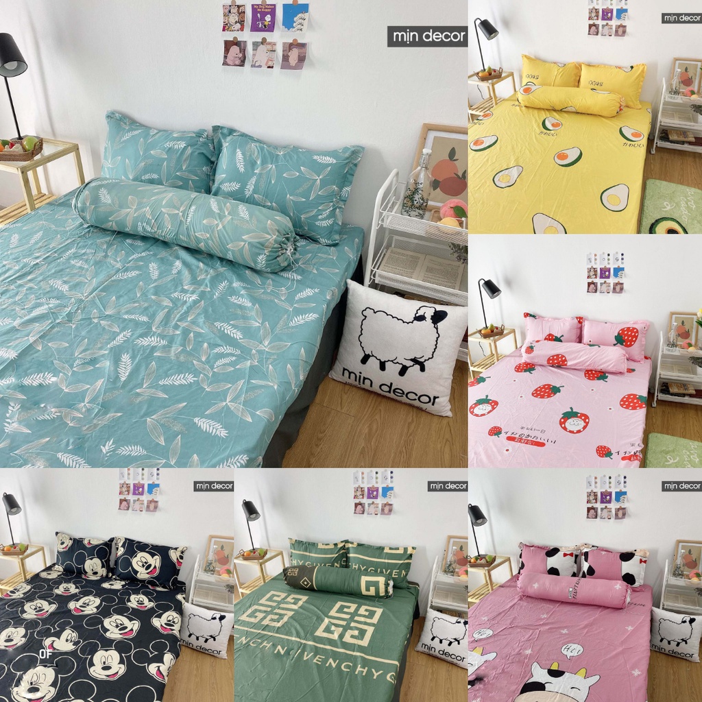 Bộ ga giường cotton poly, drap giường vỏ gối cotton dễ thương bo chun miễn phí