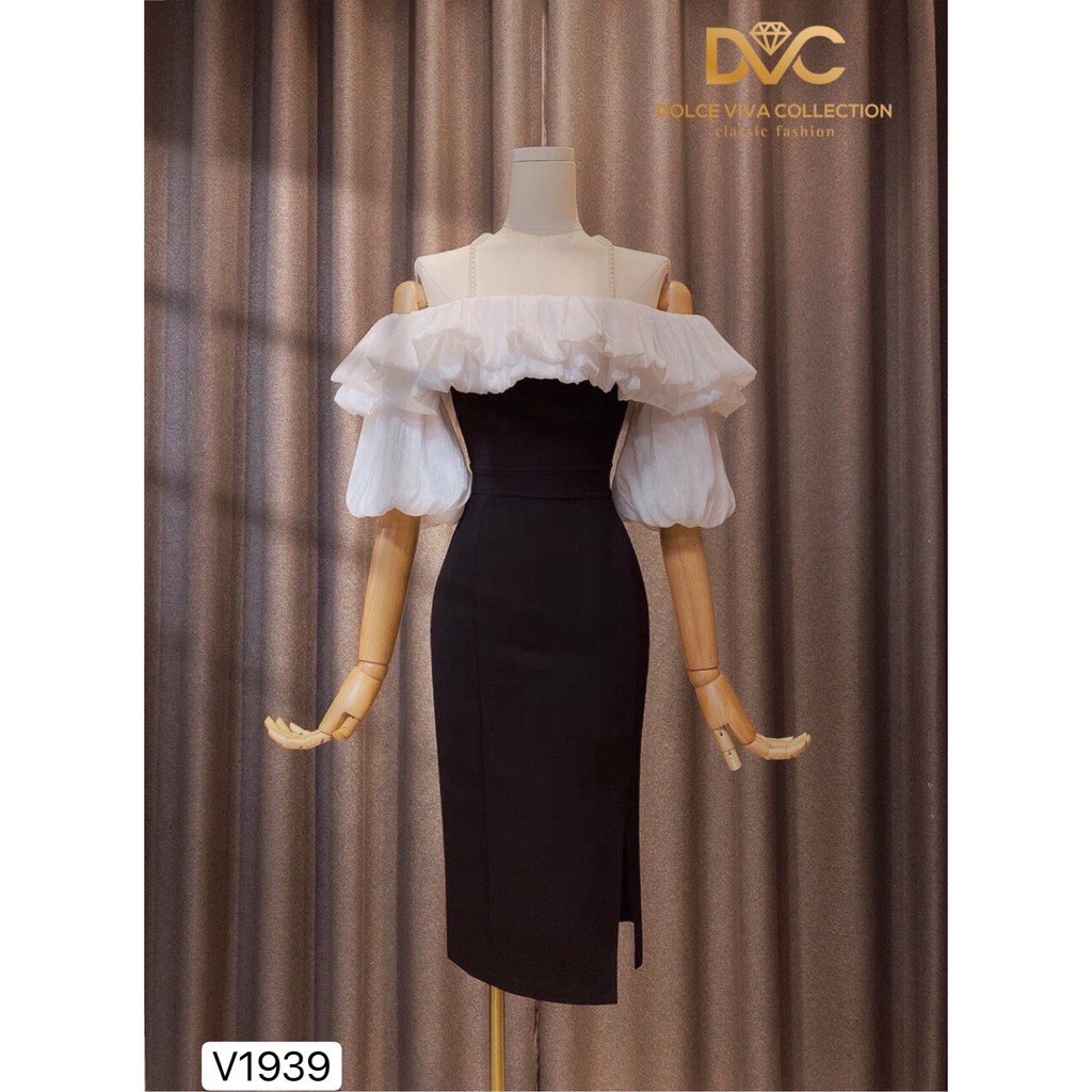 Váy body trễ vai tay bồng dây ngọc V1939  - Đẹp Shop DVC (Kèm ảnh thật trải sàn do shop tự chụp)