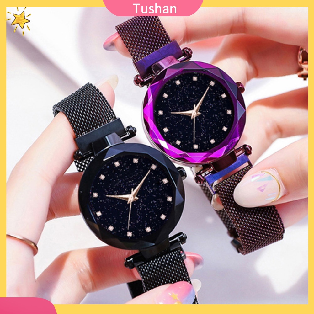 Đồng hồ thạch anh analog đeo tay dây từ họa tiết sao/kim cương cho nữ