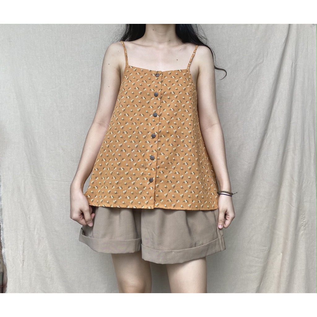 Áo dây linen hoa cam - hoa trắng