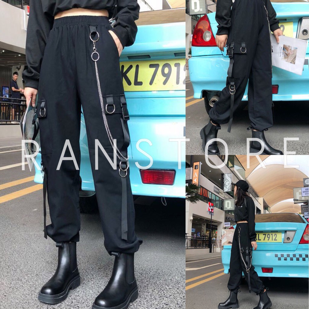 Quần jogger kaki nam nữ bo gấu phối dây xích dáng dài ulzzang cá tính/ Quần kaki túi hộp phối dây đai kèm xích sành điệu