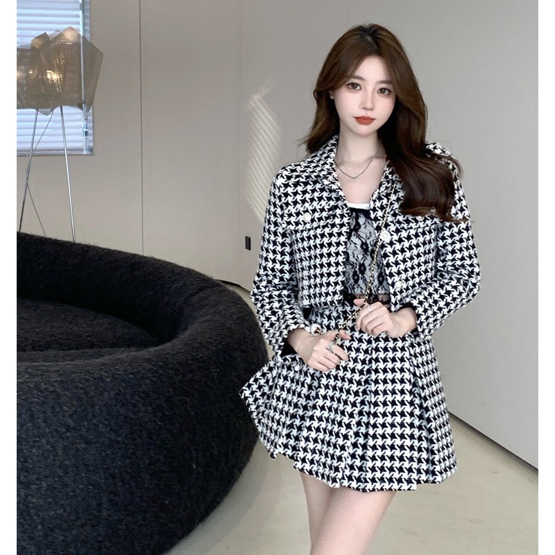 Bộ Trang Phục Gồm Áo Khoác Và Chân Váy Xếp Ly Sọc Caro Phong Cách Hong Kong Cổ Điển Mới Dành Cho Nữ