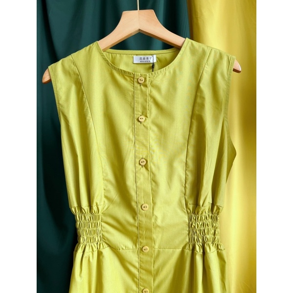 VN829 - VÁY XANH CỐM CHUN EO 3 TẦNG SÁT NÁCH