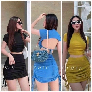 Sét croptop hở lưng phối chân váy rút dây cực xinh , chất thun bozip mềm mát ly