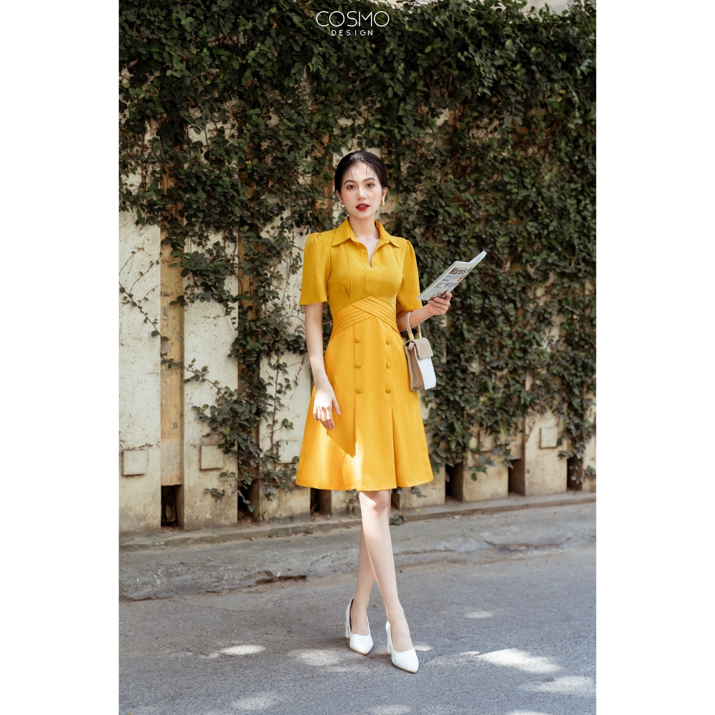 Váy nữ đầm dáng xòe COSMO Design cổ áo sơ mi nhấn chéo eo 10407
