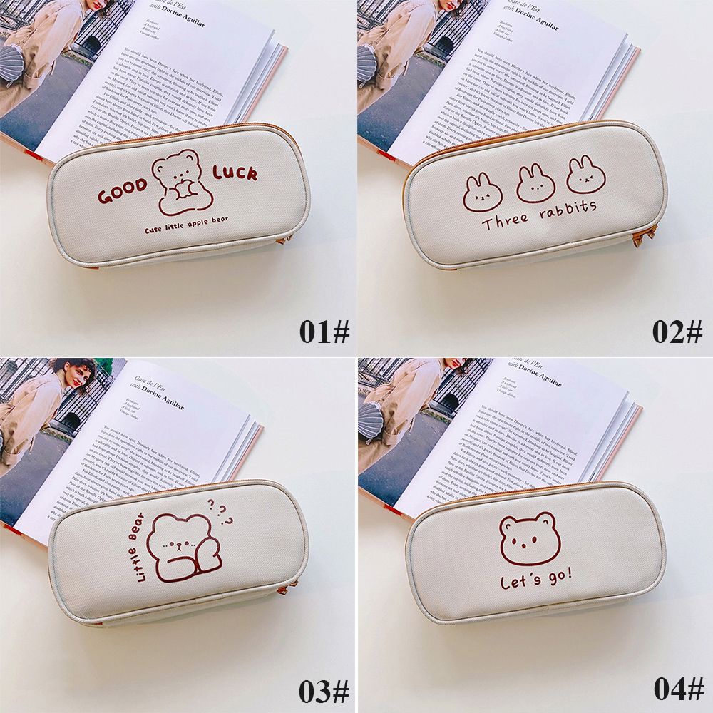 Túi đựng bút/dụng cụ trang điểm chất liệu vải bố cỡ lớn chống thấm nước họa tiết gấu/thỏ hoạt hình dễ thương đa năng