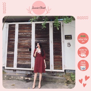 Váy phối dáng xoè - Đầm công sở nữ cổ nơ phối màu Junnie Closet