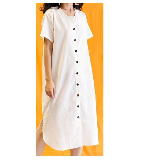 Đầm linen vạt bầu cúc gỗ siêu xinh