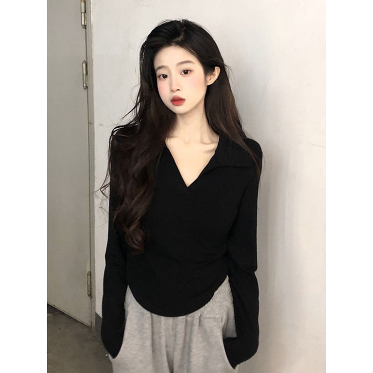 Áo Thun Cotton Mỏng Tay Dài Cổ Polo Màu Trơn Thời Trang Dành Cho Nữ
