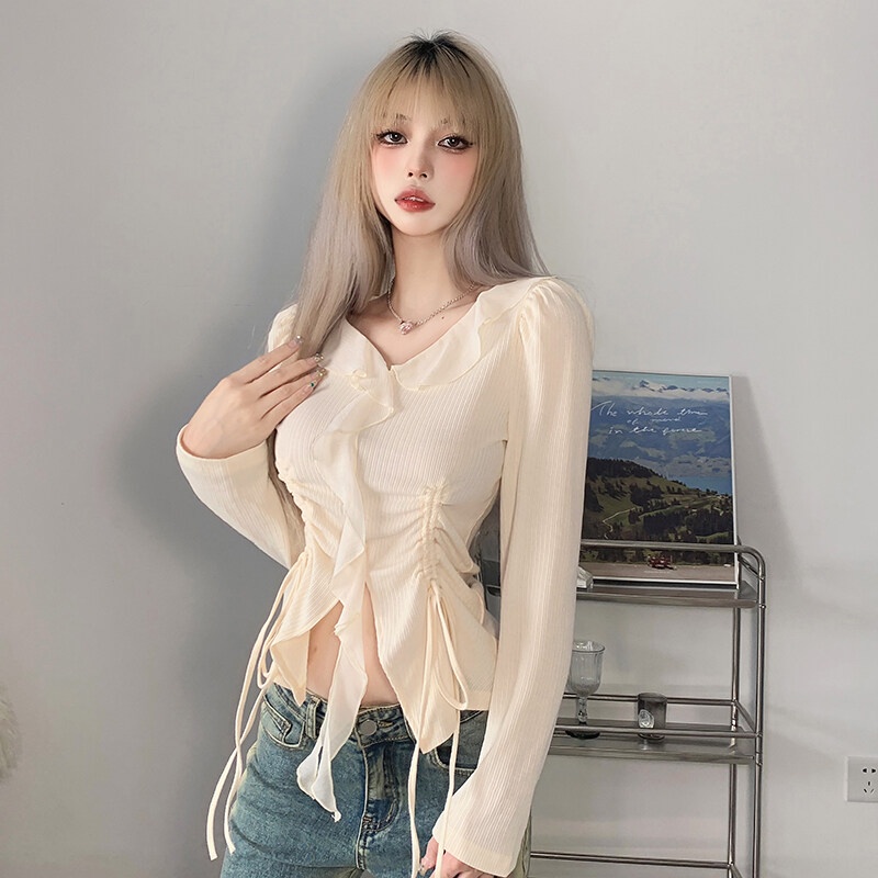Kliou 2022 Mới vào mùa hè Áo Crop Top Tay Dài Phối Bèo Nhún Thiết Kế Dây Rút Eo Xinh Xắn Thời Trang Cho Nữ