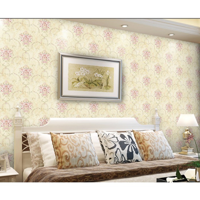 Cuộn 10m giấy dán tường hoa hồng chùm cổ điển vàng khổ rộng 45cm
