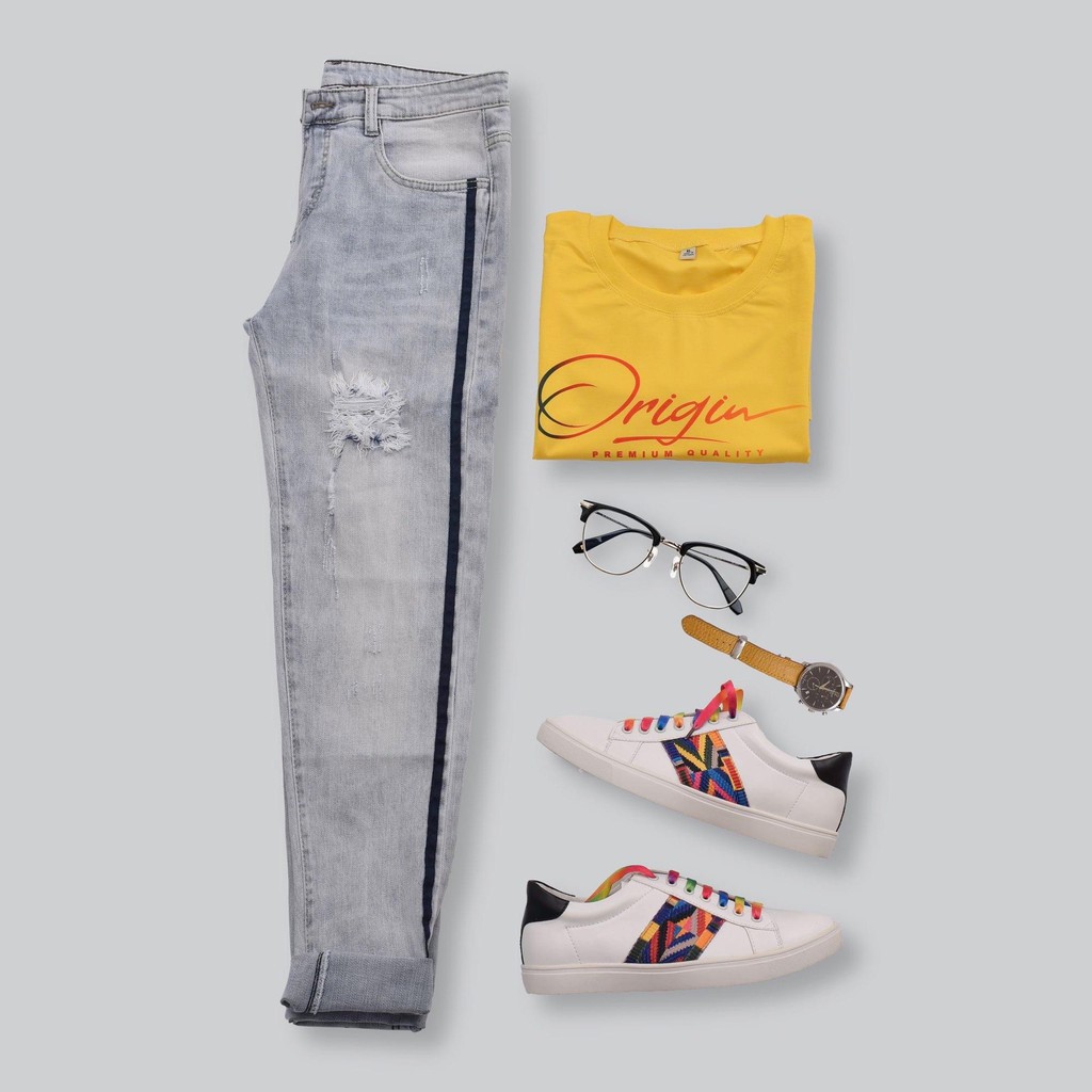 Quần jean nam cao cấp rách gối in chữ co giãn chất bò mẫu mới nhất AHFASHION | BigBuy360 - bigbuy360.vn