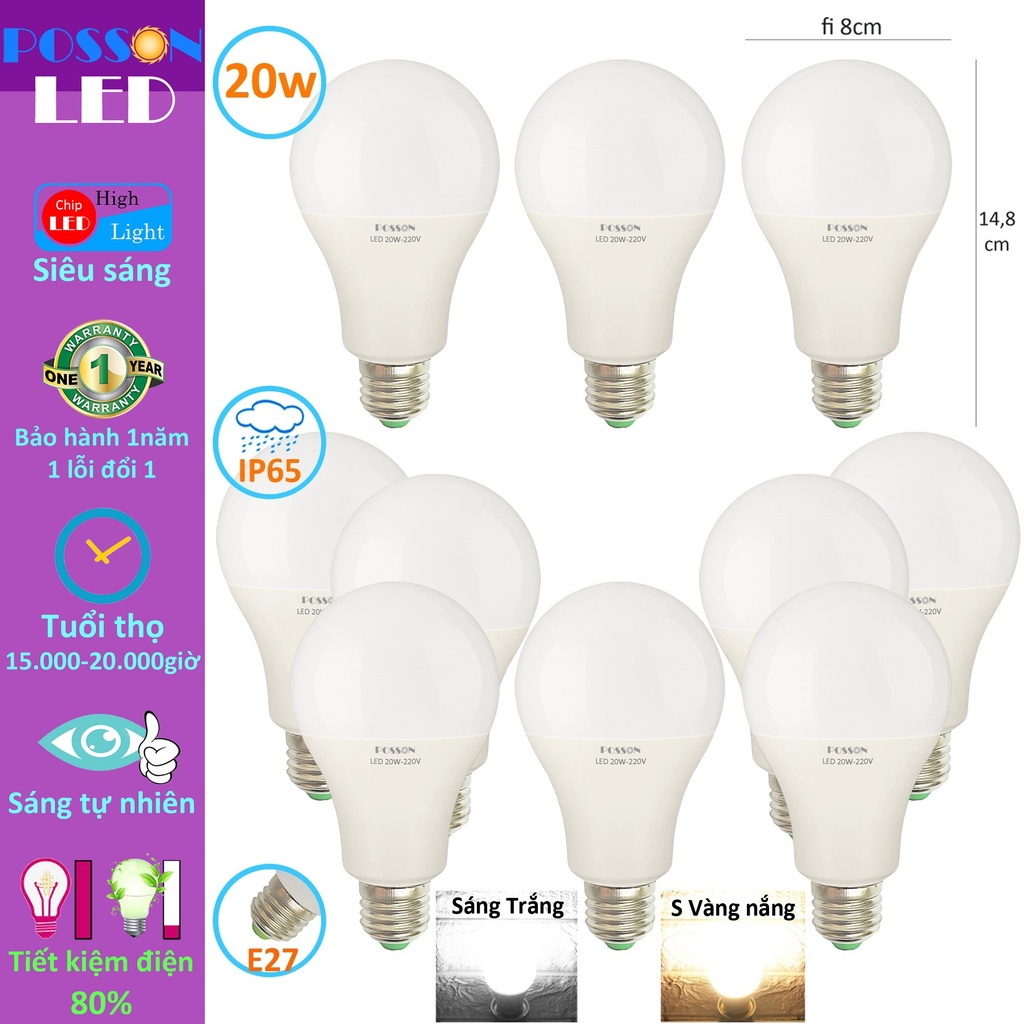 Sỉ 50 Bóng đèn Led 20w bup tròn A80 bulb tiết kiệm điện siêu sáng kín chống nước Posson LB-20x