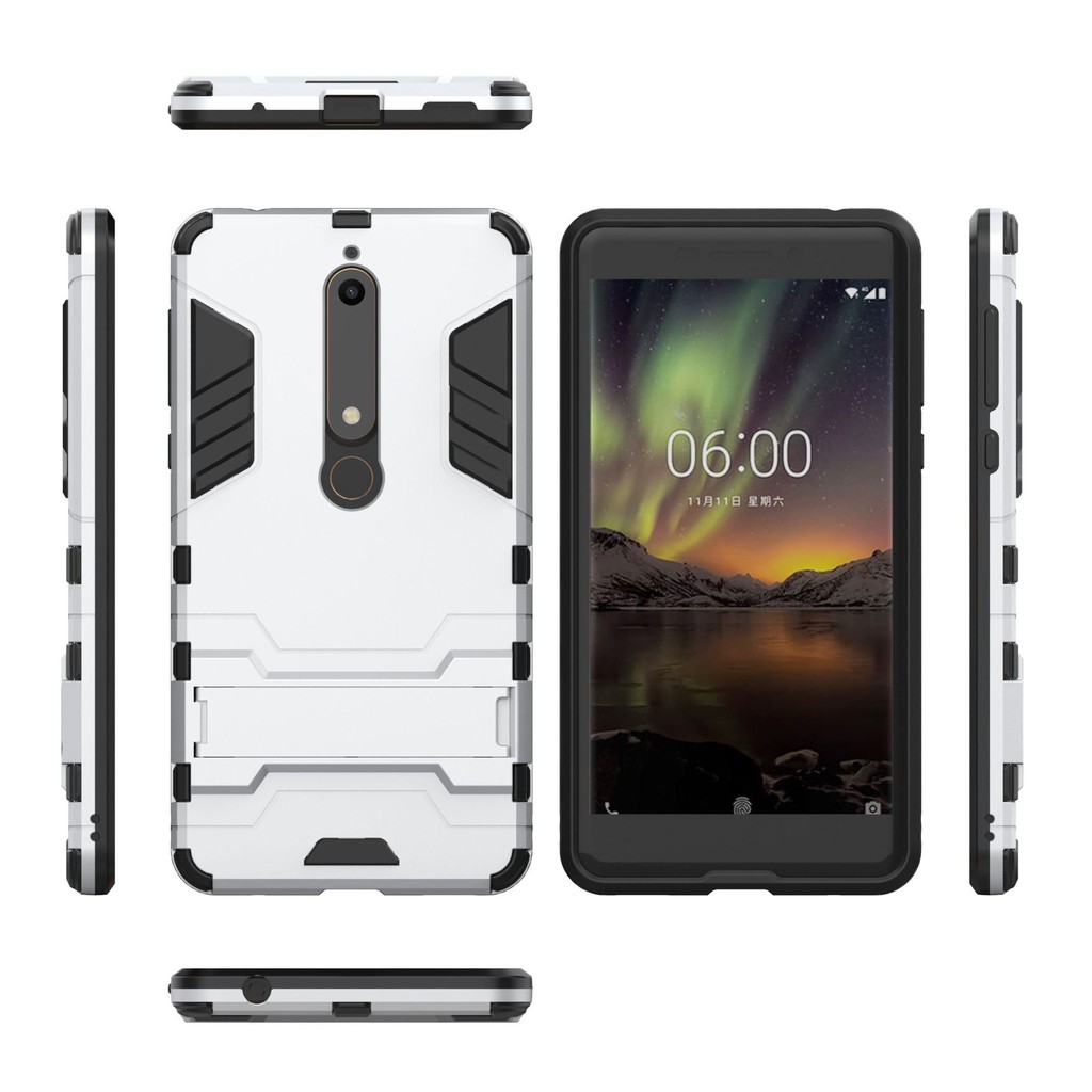 Nokia 6.1 (Nokia 6 2018) - Ốp lưng chống sốc Iron Man hai lớp bảo vệ kèm chân chống lưng máy tiện lợi