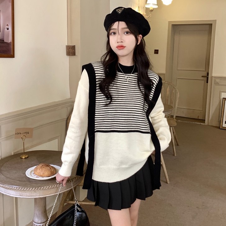 QADCOL Áo sweater dệt kim dáng rộng phong cách Hàn Quốc