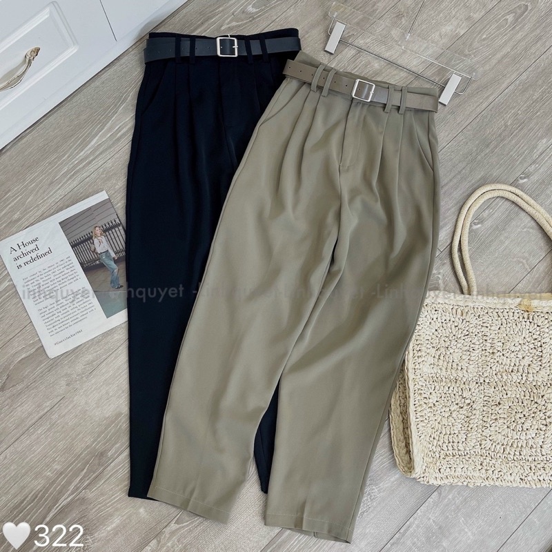 Quần tây dáng baggy ống đứng siêu tôn dáng, Quần công sở xinh kèm belt