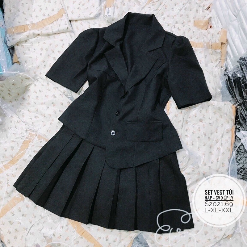 (Shop bigsize nữ 50kg-90kg) Set áo vest tà xéo + chân váy xếp li - SV03