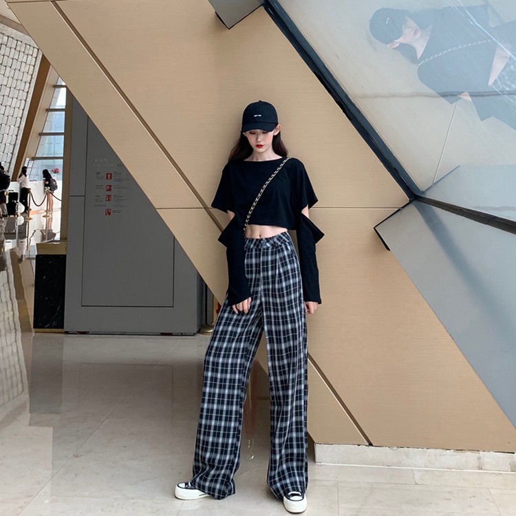 Set áo thun hở trỏ tay dài croptop + quần dài lưng cao sọc caro chân ống rộng ulzzang ( 2 màu ) có bán riêng