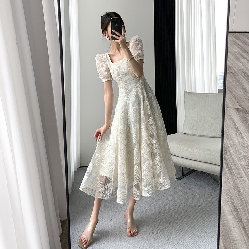 Đầm Dài Qua Gối Tay Phồng Cổ Vuông Phối Ren Thời Trang Pháp Cao Cấp