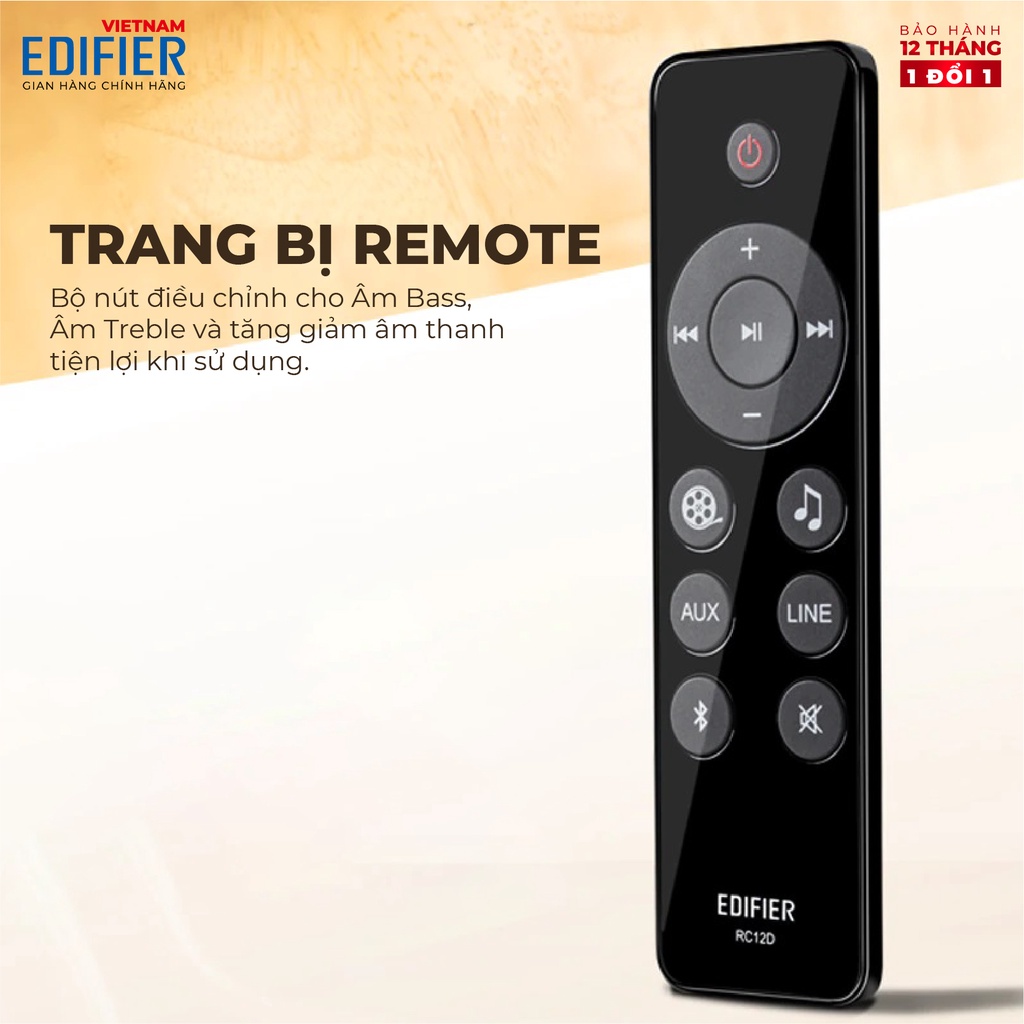 Loa Bluetooth 5.0 EDIFIER D12 Vỏ gỗ chống dội âm - Hỗ trợ AUX âm thanh nổi Stereo - Kèm remote điều khiển