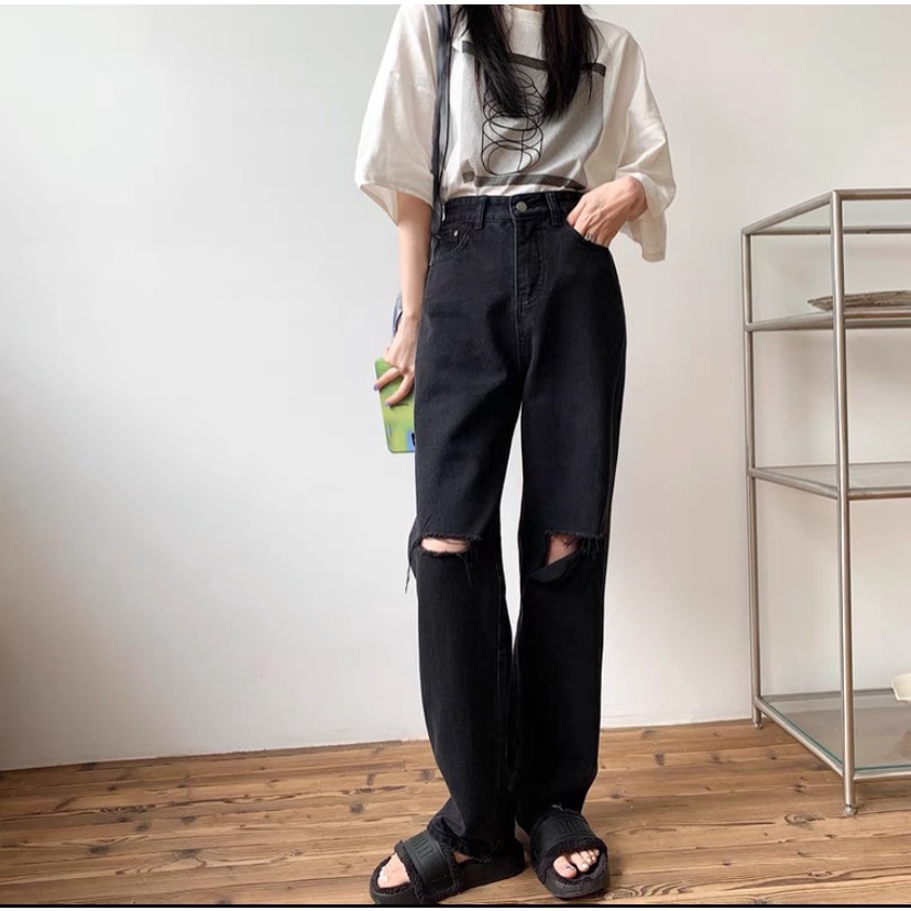 Quần jean nữ ống rộng đen rách gối phối đồ cực chất MT231