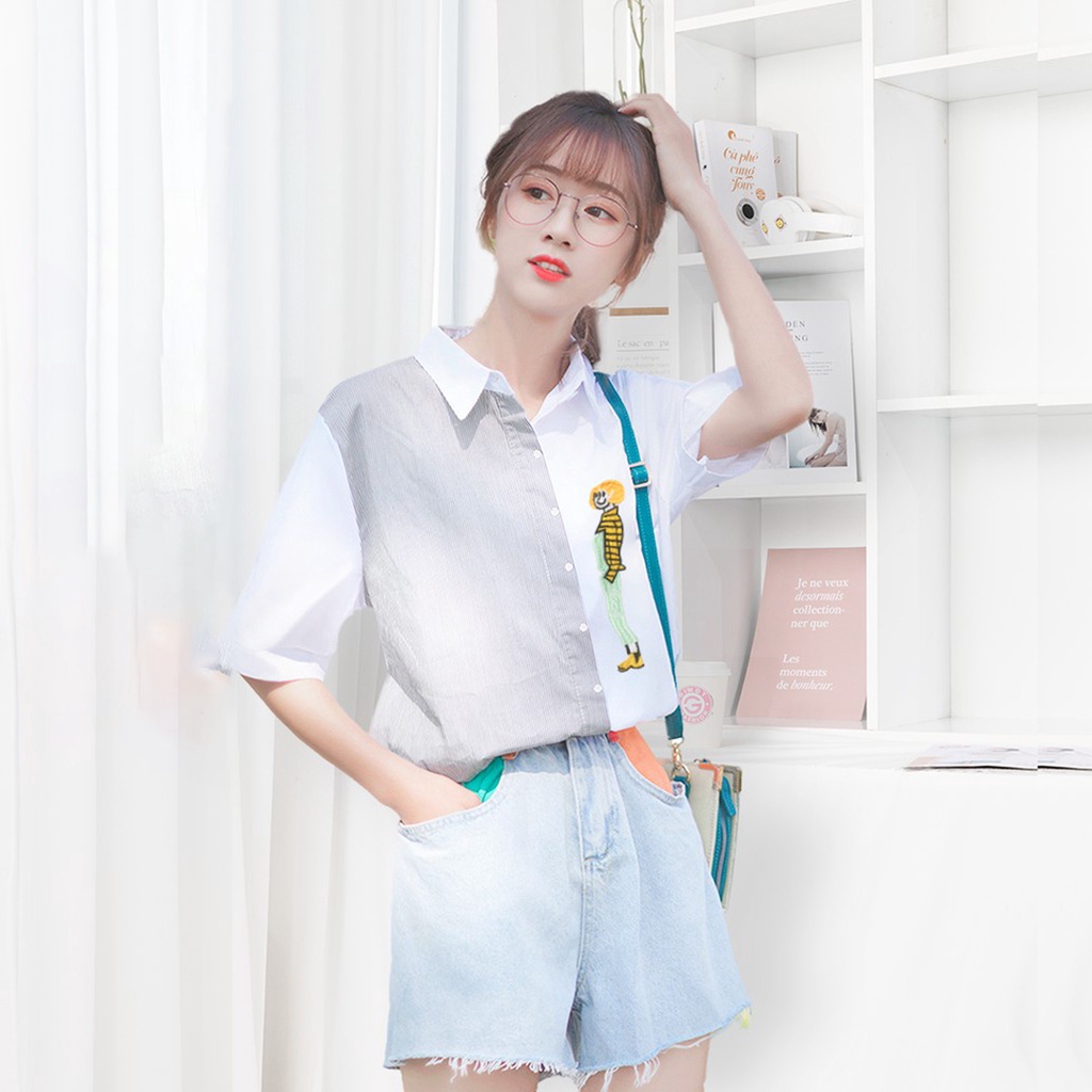 Áo sơ mi nữ Hàn Quốc GINDY túi thêu hình cô gái tay ngắn form dáng suông thời trang công sở sinh viên trẻ trung A7104