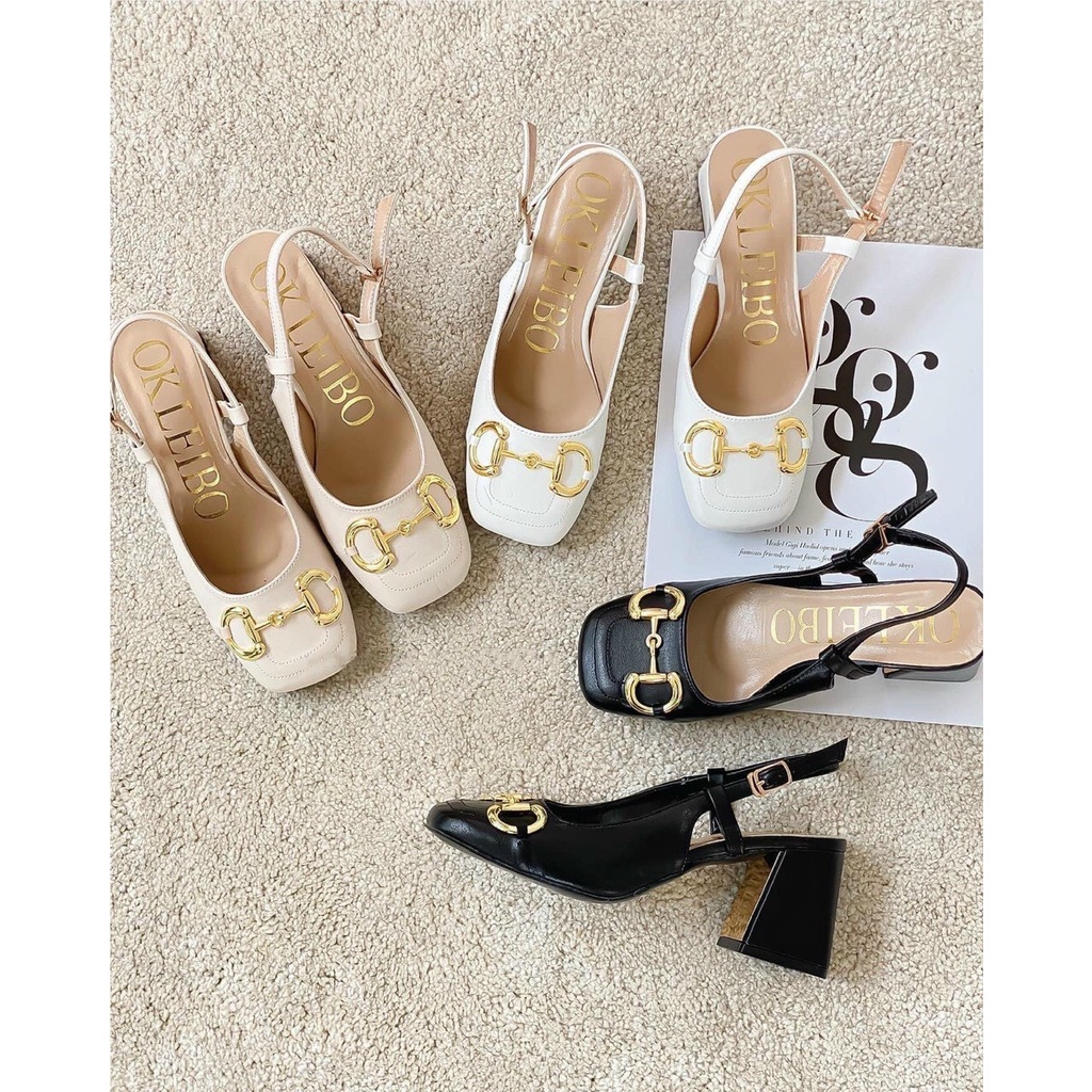 Sandal cao gót sandal bít mũi khuy khóa gót vuông 7cm