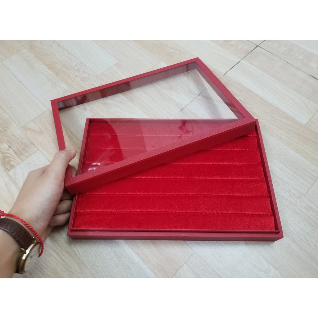 Mộc - hộp nhung trưng bày nhẫn nắp kính màu đỏ màu đen màu trắng size 23,5 x 16 x 4cm