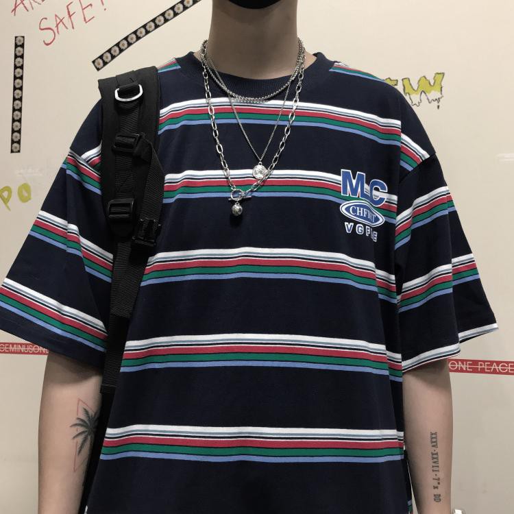 Áo Thun Tay Lỡ Thời Trang Trẻ Trung 229979Áo Thun Kẻ SọC Phong CáCh Harajuku Cho Nam